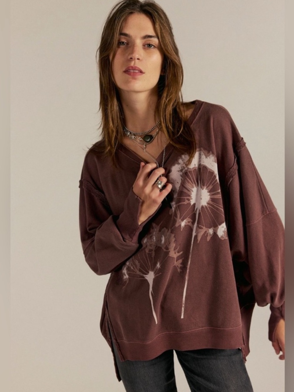 Free People We The Free Graphic Camden Pullover Sweatshirt Dandelion Brown